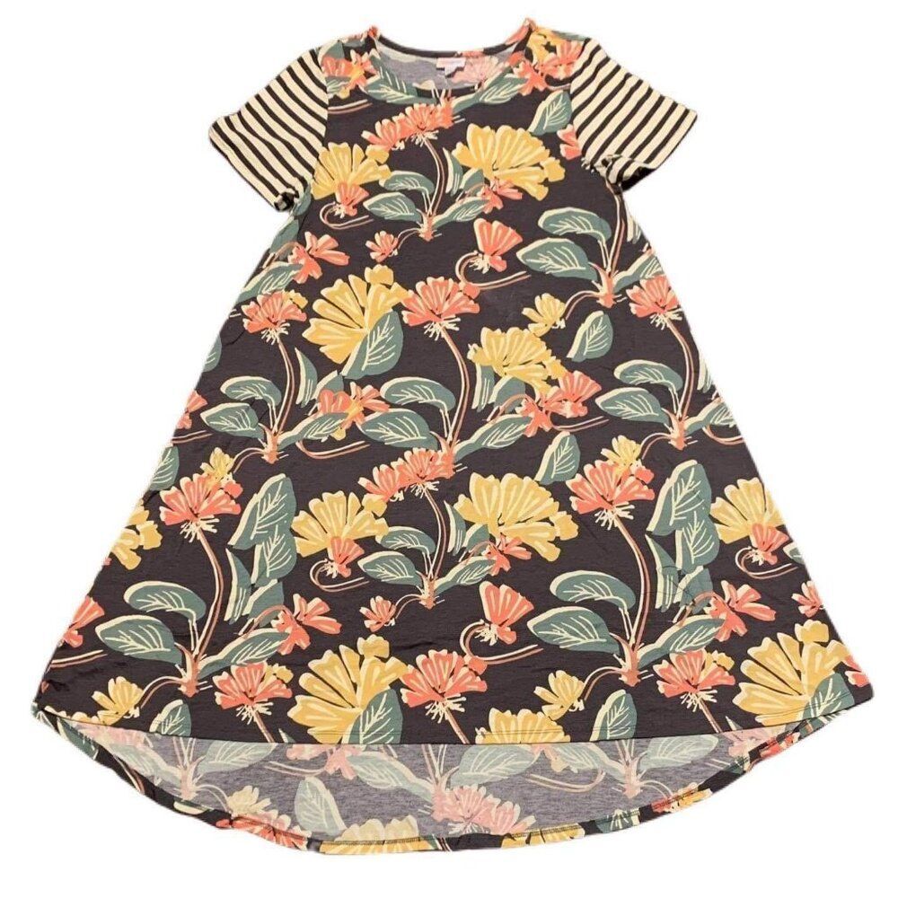 NEW XL LuLaRoe Carly Floral Stripe Gray Yellow Swing Dress High Low Flowy
